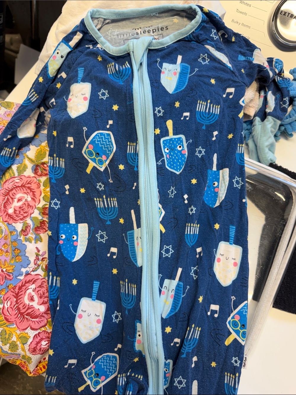 Little Sleepies Navy and Light Blue Dreidel & Menorah Zip Pajama